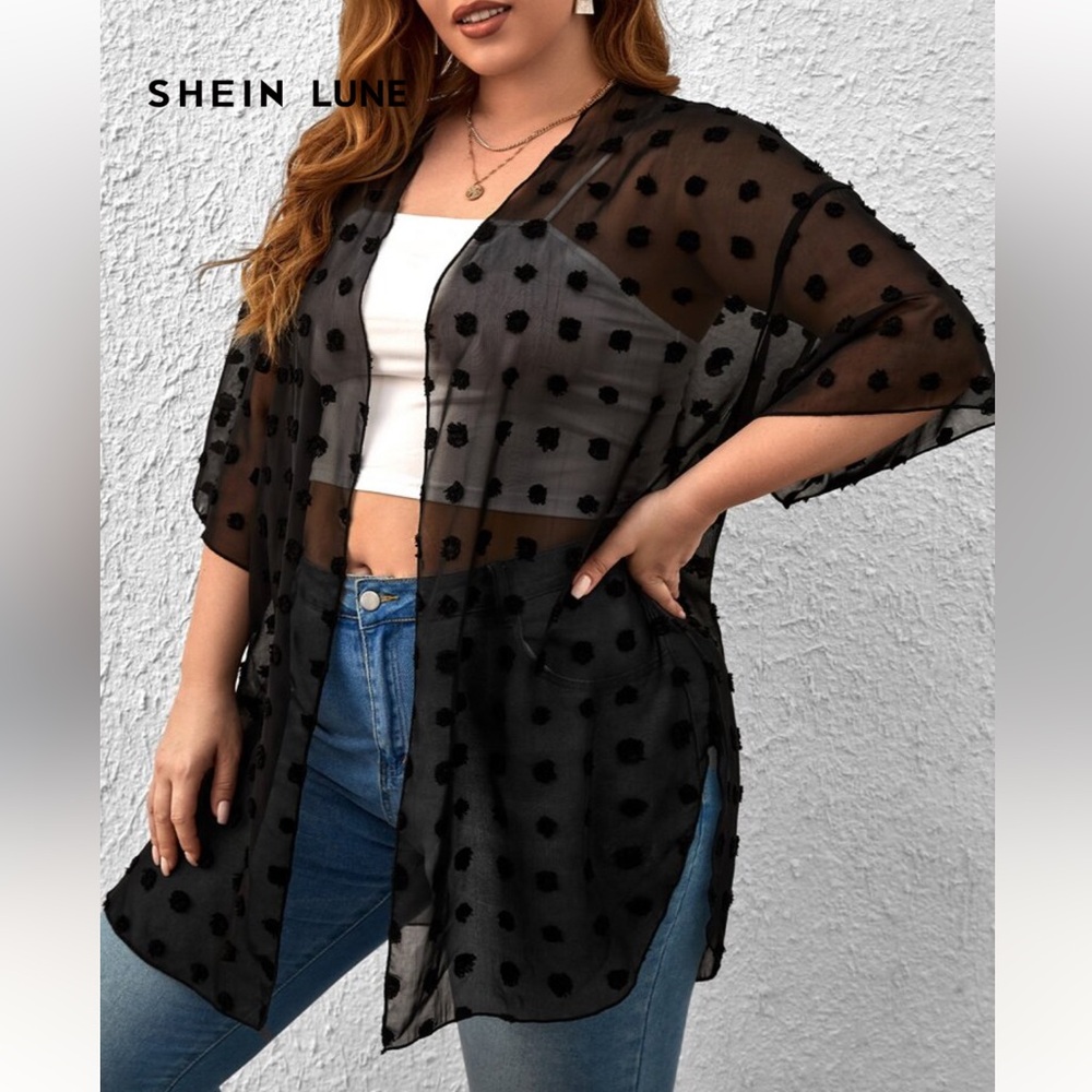 SHEIN LUNE Plus Drop Shoulder Curved Hem Swiss Dot Kimono
